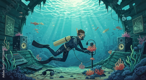 Scuba Diver Exploring Underwater World with Music Equipment.