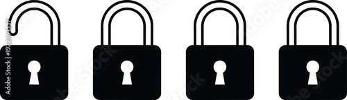 Padlock Icons Set, Open and Closed Lock Symbols for Security, Privacy and Data Protection, Black Silhouette Vector Illustration Isolated on White Background
