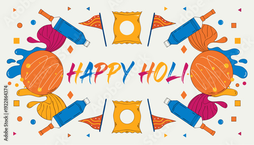 A vibrant vector graphic illustration celebrating Holi with colorful paint splatters and festive decorations