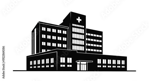 Simple black and white illustration of a large hospital building facade