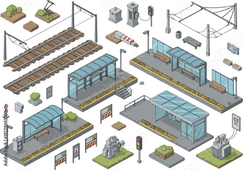 Isometric illustration of a train station with platforms, trains, and infrastructure from a high angle