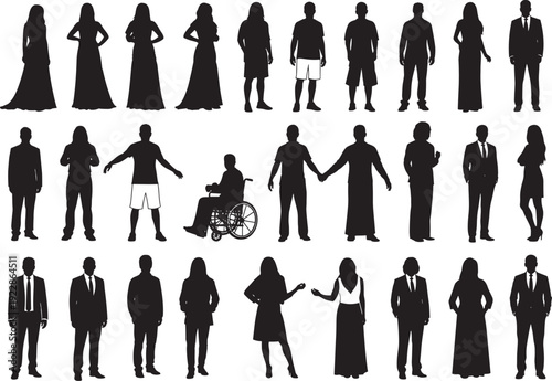 Twenty‑five black silhouettes of diverse people in various poses including standing, sitting, walking, interacting, and wheelchair use, isolated on white background for inclusivity design concepts.
