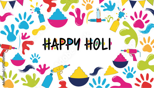 A vibrant and colorful illustration celebrating the Holi festival with paint splatters and joyful designs
