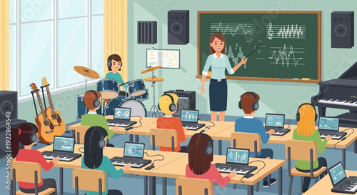Teacher instructing students in a modern music classroom with various instruments and computers.