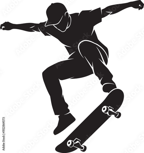 Dynamic black silhouette of a skateboarder in a cap performing a high-air jump with arms extended. Perfect for skate shop branding, extreme sports logos, and urban lifestyle graphics.