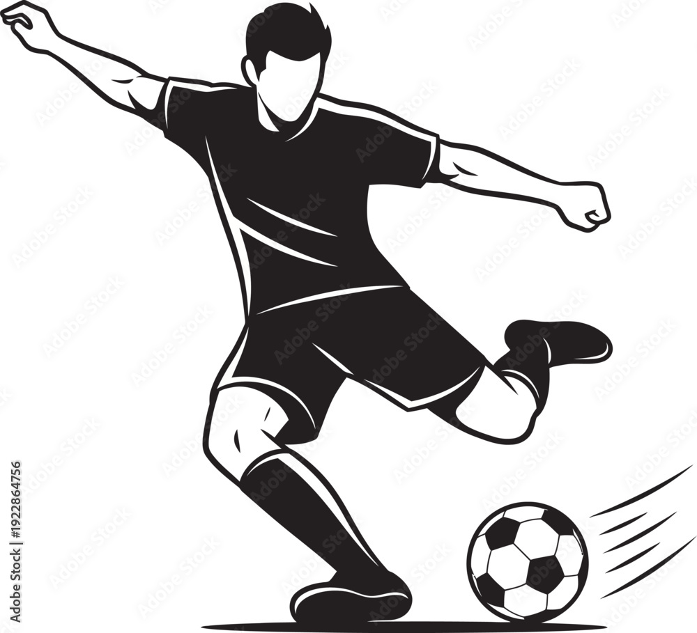 Naklejka premium Dynamic black silhouette of a soccer player striking a ball with high-energy momentum. Ideal for football club branding, tournament logos, and athletic apparel. High-quality vector art.