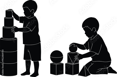 Silhouette of two young boys playing with geometric blocks, cylinders, spheres, and pyramids, stacking shapes for early childhood education and development.