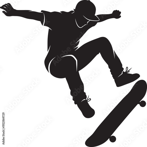 Dynamic black silhouette of a skateboarder in a cap performing a high-air jump with outstretched arms. Ideal for skate shop branding, extreme sports logos, and urban lifestyle graphics.