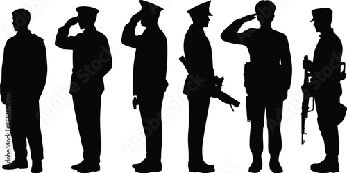 Military silhouettes with soldiers saluting, rifles, discipline, hierarchy, armed forces, security personnel, and uniformed figures