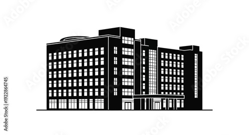 Black and white illustration of a modern multi story building facade