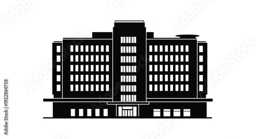 A stark black and white illustration of a multi story art deco building