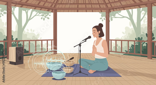 Woman meditating with microphone and singing bowls.
