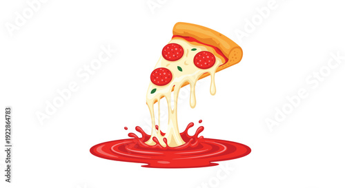 A delicious slice of pepperoni pizza with melting cheese is shown dripping into a vibrant red sauce splash on a white surface.