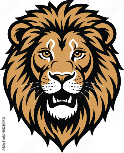 Stylized lion head vector art with a detailed golden mane and intense eyes, conveying power and royalty for branding and emblems.