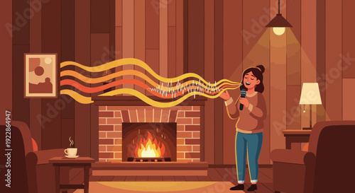 Woman singing karaoke in a cozy living room.