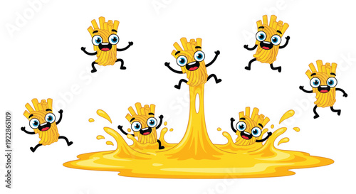 Seven joyful cartoon potato fries characters with happy expressions are energetically jumping from a vibrant yellow cheese sauce splash.