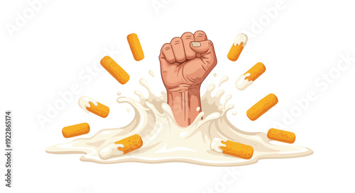A powerful human fist is depicted emerging dramatically from a vibrant white milk splash, surrounded by numerous golden cheese puff snacks.