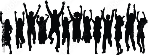 Black silhouettes of people jumping with raised arms