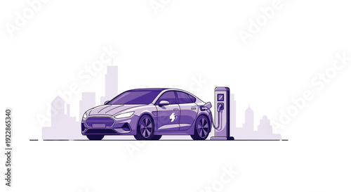 A sleek, modern purple electric car is actively charging at a dedicated station with a subtle city skyline in the background.