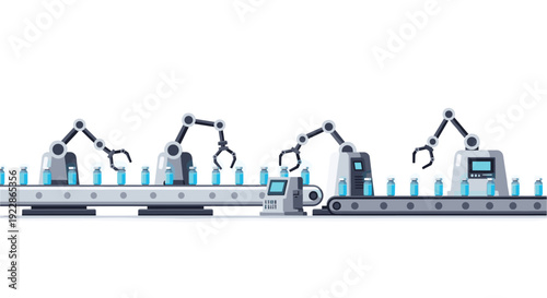 Four robotic arms are precisely manipulating small blue vials on two interconnected conveyor belts in an automated factory setting.