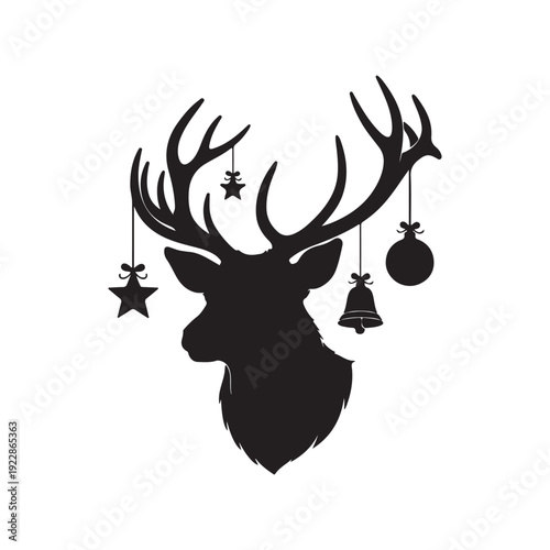 Black deer head with hanging ornaments  silhouette vector illustration
