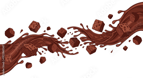 Numerous textured chocolate brownie cubes are dynamically falling into a wavy stream of melted dark chocolate on a clean white background.