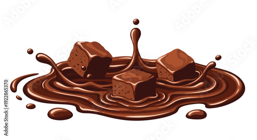 Three textured chocolate brownie cubes are dynamically splashing into a rich pool of melted dark chocolate on a clean white background.