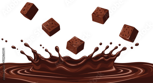 Five distinct dark brown chocolate brownie cubes are falling into a rich, swirling pool of melted chocolate, creating dynamic splashes and ripples against a white background.