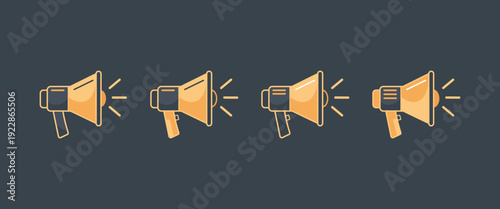 Four identical orange and yellow megaphones with sound lines arranged in row representing communication announcements and amplification of messages