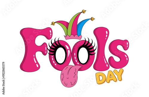 A colorful vector graphic illustration of a playful April Fools Day design with a jester hat and tongue out expression