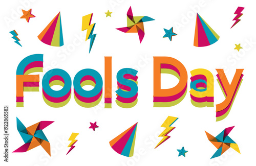 A colorful vector graphic illustration celebrating April Fools Day with vibrant shapes and typography