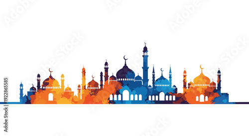 An abstract watercolor mosque skyline, featuring numerous domes and tall minarets, is depicted in a vibrant orange and blue gradient against a clean white background.