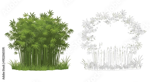 Green bamboo grove and a grayscale archway constructed with similar stalks