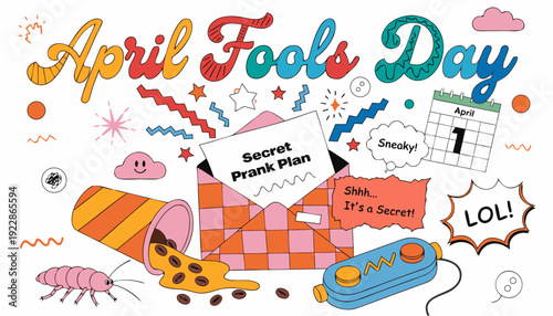 A colorful vector illustration celebrating April Fools' Day with a secret prank plan and playful design elements.