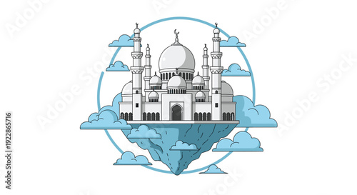 A stylized vector illustration displays a white mosque with multiple domes and minarets, floating on a light blue cloud island, enclosed within a circular frame on a white background.