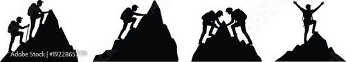 Mountain climbers silhouette vector set showing hikers reaching summit teamwork leadership success adventure achievement concept illustration collection
