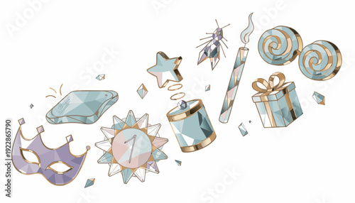 A whimsical vector illustration of various festive objects, including a mask, gifts, and sparkling decorations.