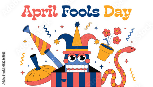 A colorful illustration of a jester celebrating April Fools Day with party accessories and confetti