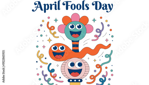 A colorful vector illustration of cartoon characters celebrating April Fools Day with confetti and stars