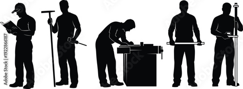 Surveyor and construction workers measuring inspecting and operating machinery industrial labor silhouette vector illustration set isolated