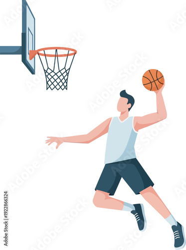 Dynamic vector illustration of a basketball player soaring for a layup. Ideal for sports branding, tournament promos, and athletic apparel designs. High-quality professional flat icon.