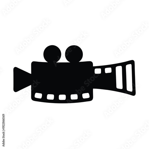 Black and white image of a vintage movie camera icon illustration