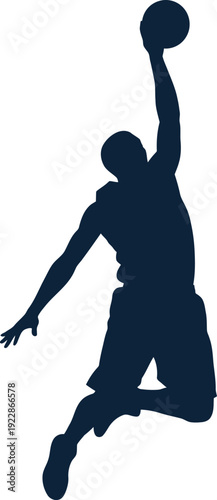 Dynamic dark blue silhouette of a basketball player performing a high-flying slam dunk. Perfect for sports branding, tournament logos, and athletic apparel designs. Clean minimalist vector.