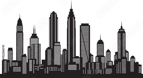 Black and white silhouette of a city skyline with tall skyscrapers, spires, and modern urban architecture, ideal for design, branding, and educational materials.