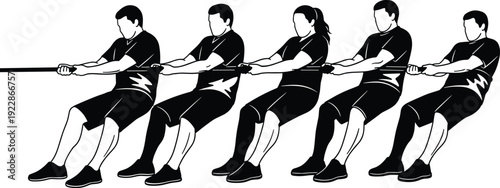 Team tug of war pulling rope competition teamwork strength sport challenge cooperation group vector illustration isolated