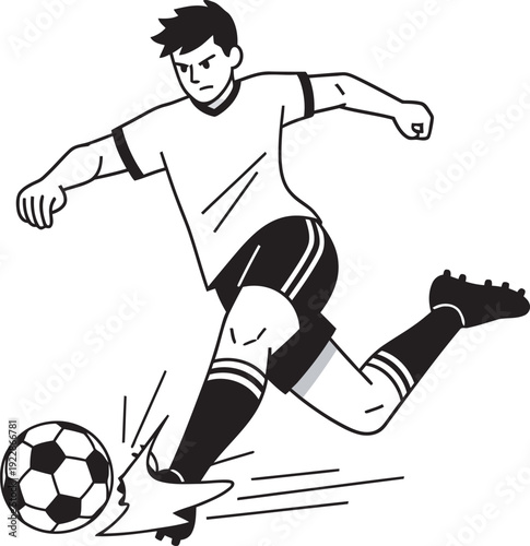 Dynamic black and white vector of a soccer player striking a ball. Ideal for football branding, sports tournament promotions, and athletic training graphics. High-quality line art design.