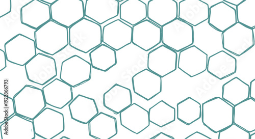 Abstract hand drawn turquoise hexagon honeycomb pattern with irregular organic lines on gray checkered background design