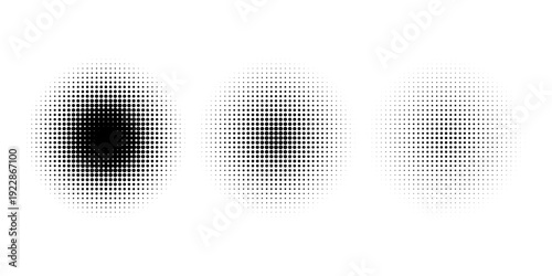 Halftone gradient circles collection. Dots textured round patterns. Cartoon comic radial faded background set. Abstract pixelated elements for frame  poster  collage  banner  flyer. Vector bundle