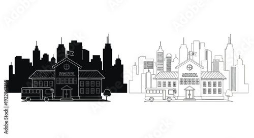 Cityscape with school building and bus black and white illustrations