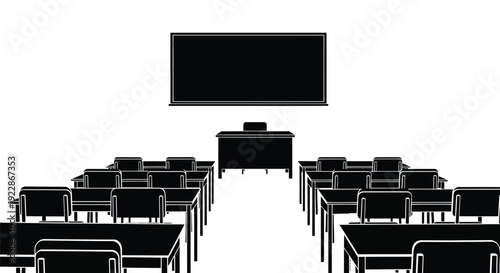 A minimalist illustration of an empty classroom with desks and a chalkboard